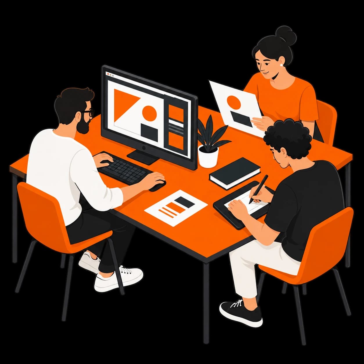 Ilustração de uma equipe criando e revisando peças de design em uma mesa compartilhada