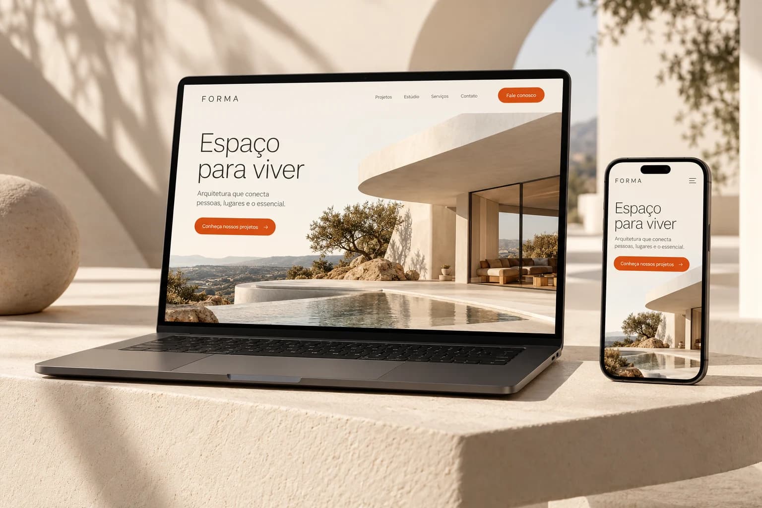 Exemplo demonstrativo gerado por IA: site da marca fictícia FORMA em notebook e celular