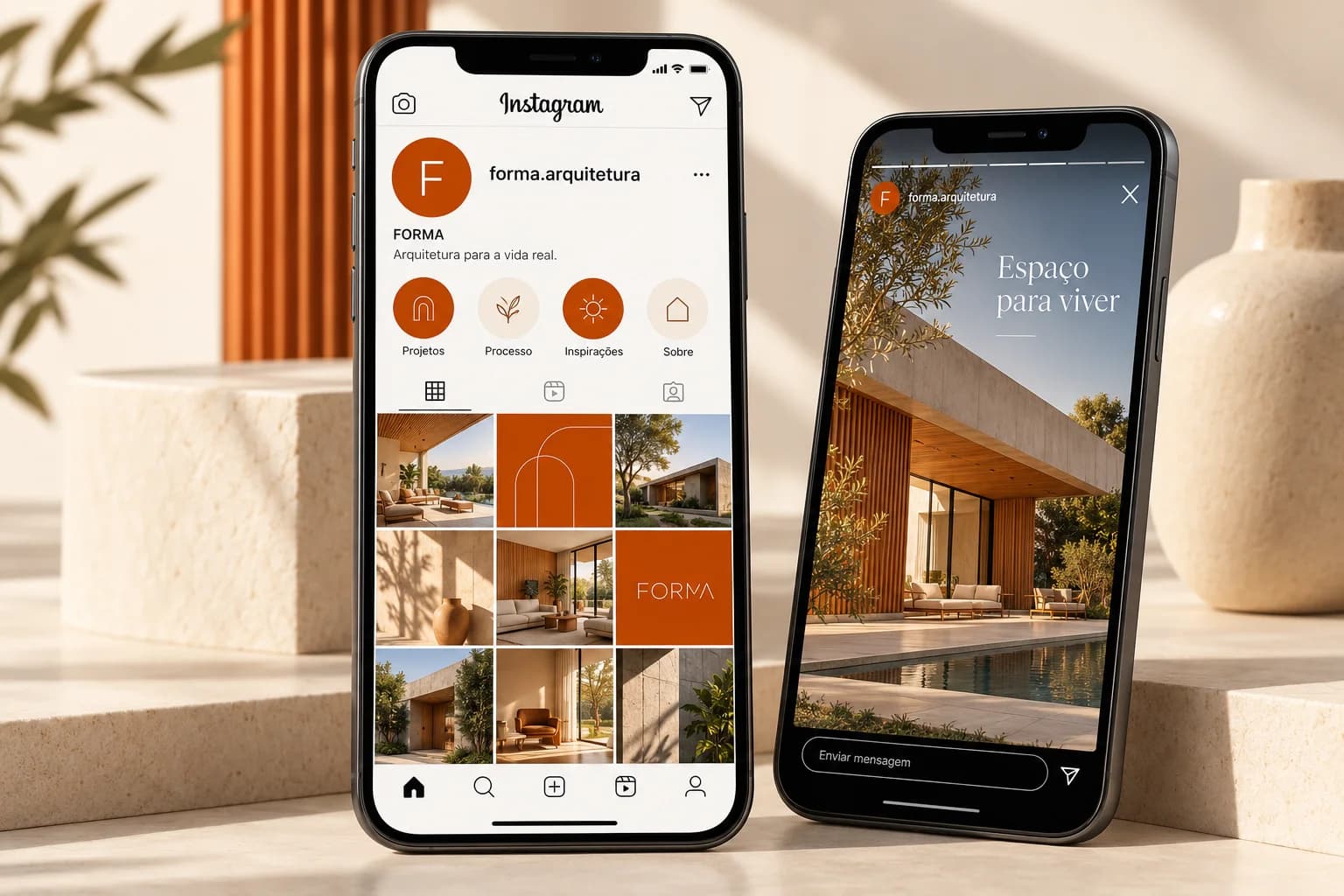 Exemplo demonstrativo gerado por IA: perfil e stories do Instagram da marca fictícia FORMA
