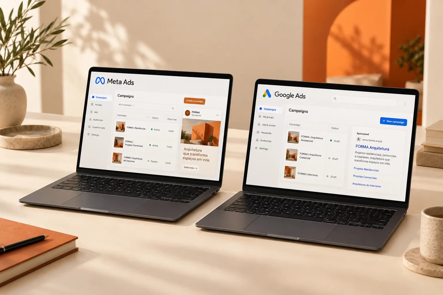 Exemplo demonstrativo gerado por IA: campanhas em rascunho da marca fictícia FORMA nas interfaces do Meta Ads e do Google Ads